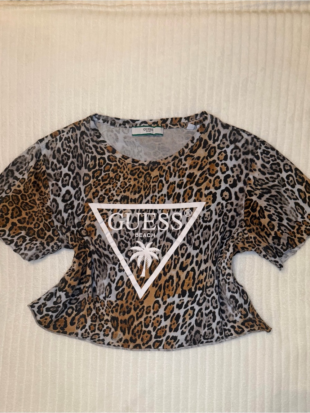 GUESS Beach Leopard Print Logo Crop Top Shirt Size XS